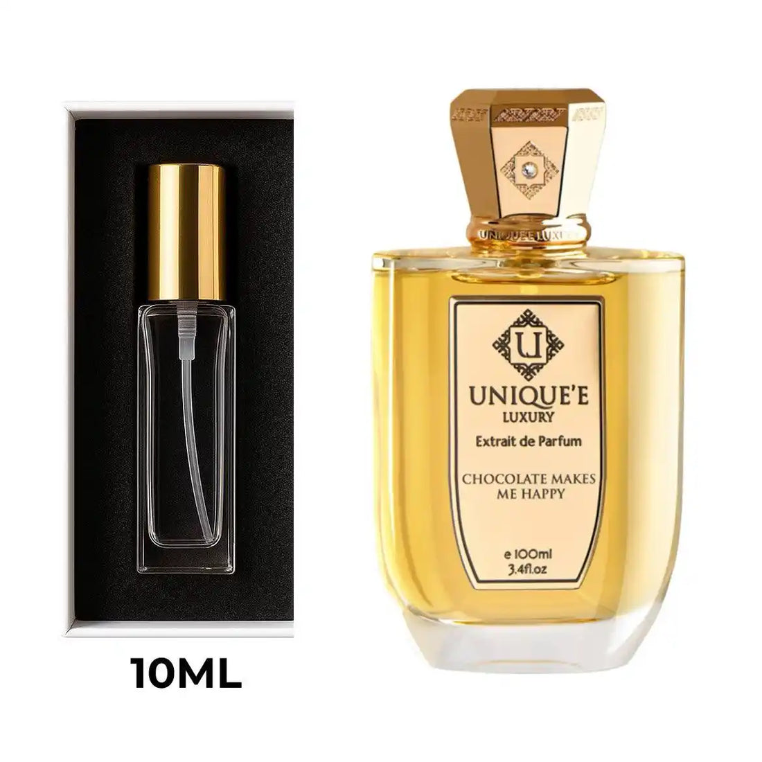 בושם יוקרתי Chocolate Makes Me Happy Unique’e Luxury יוניסקס 100 מ״ל Extrait de Parfum | דיקנט 10 מ״ל | ניחוח שוקולד, קקאו, קרמל ותבלינים