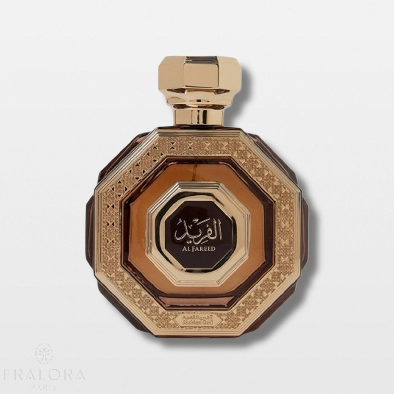 בושם Al Fareed מבית Arabian Oud לגברים 100 מ"ל, מבט חזיתי על בקבוק היוקרה המבטיח ניחוח עוצמתי וגברי.