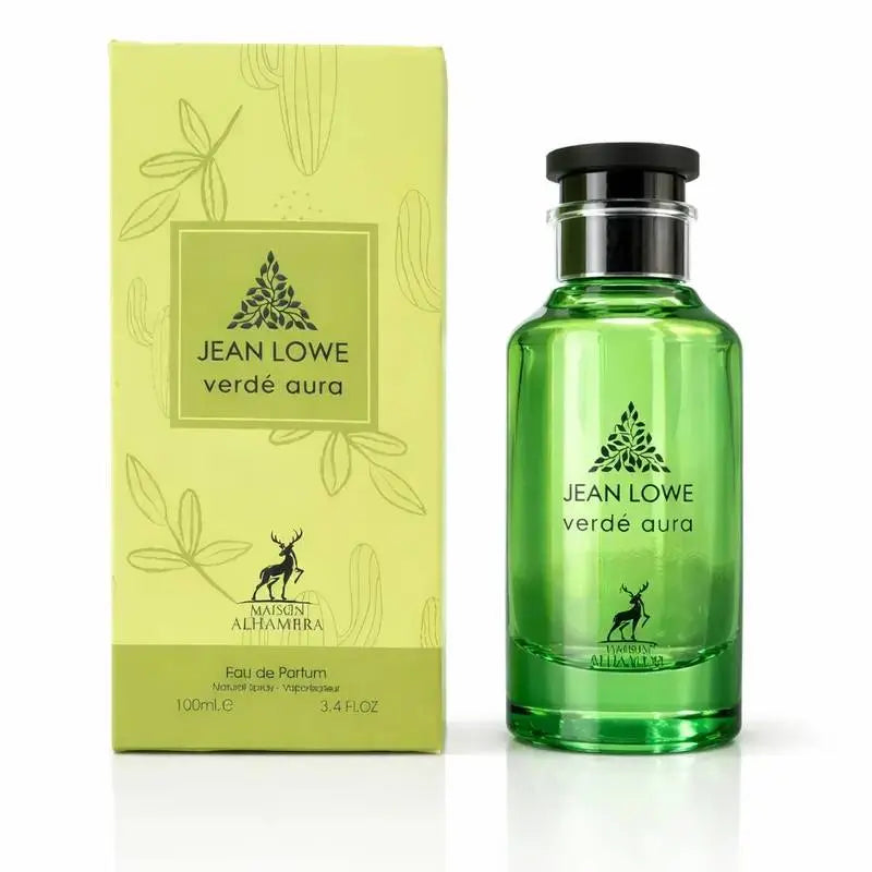 בושם Jean Lowe Verdé Aura מבית Maison Alhambra יוניסקס 100 מ"ל, מבט חזיתי על הבקבוק המעוצב שמבטיח ניחוח ירוק ומרענן.