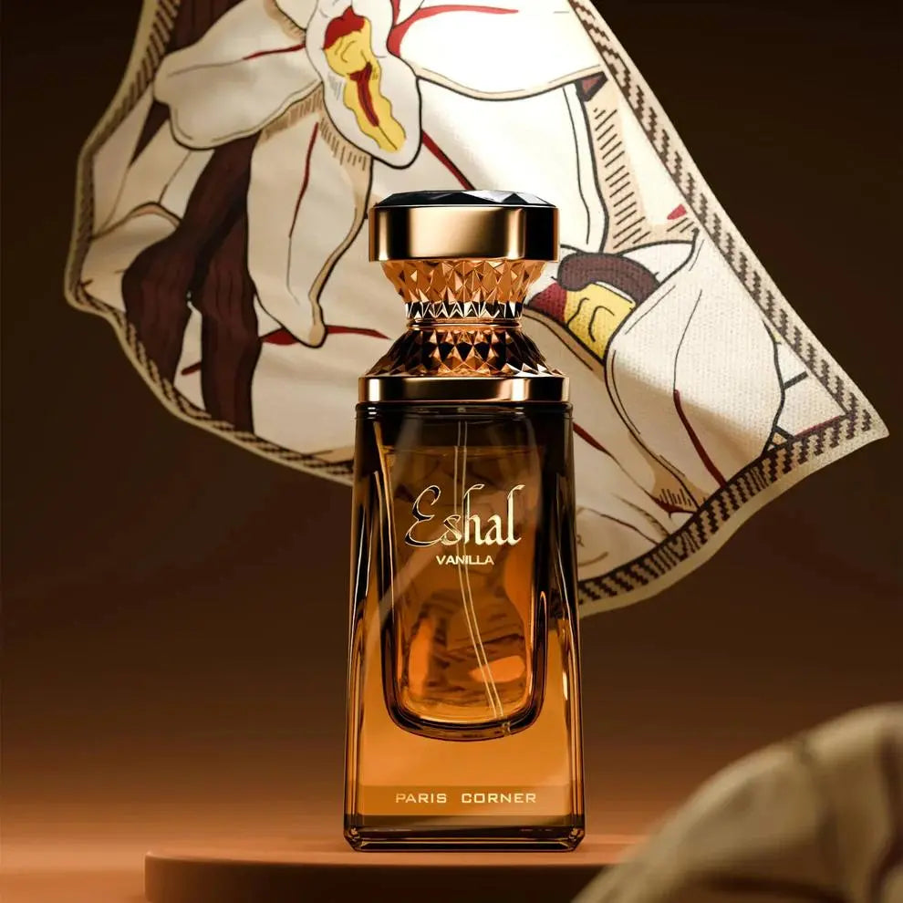 בושם Eshal Vanilla (אשאל ונילה) מבית Paris Corner לנשים 100 מ"ל, מבט חזיתי על הבקבוק המעוצב שמבטיח ניחוח וניל חלומי.