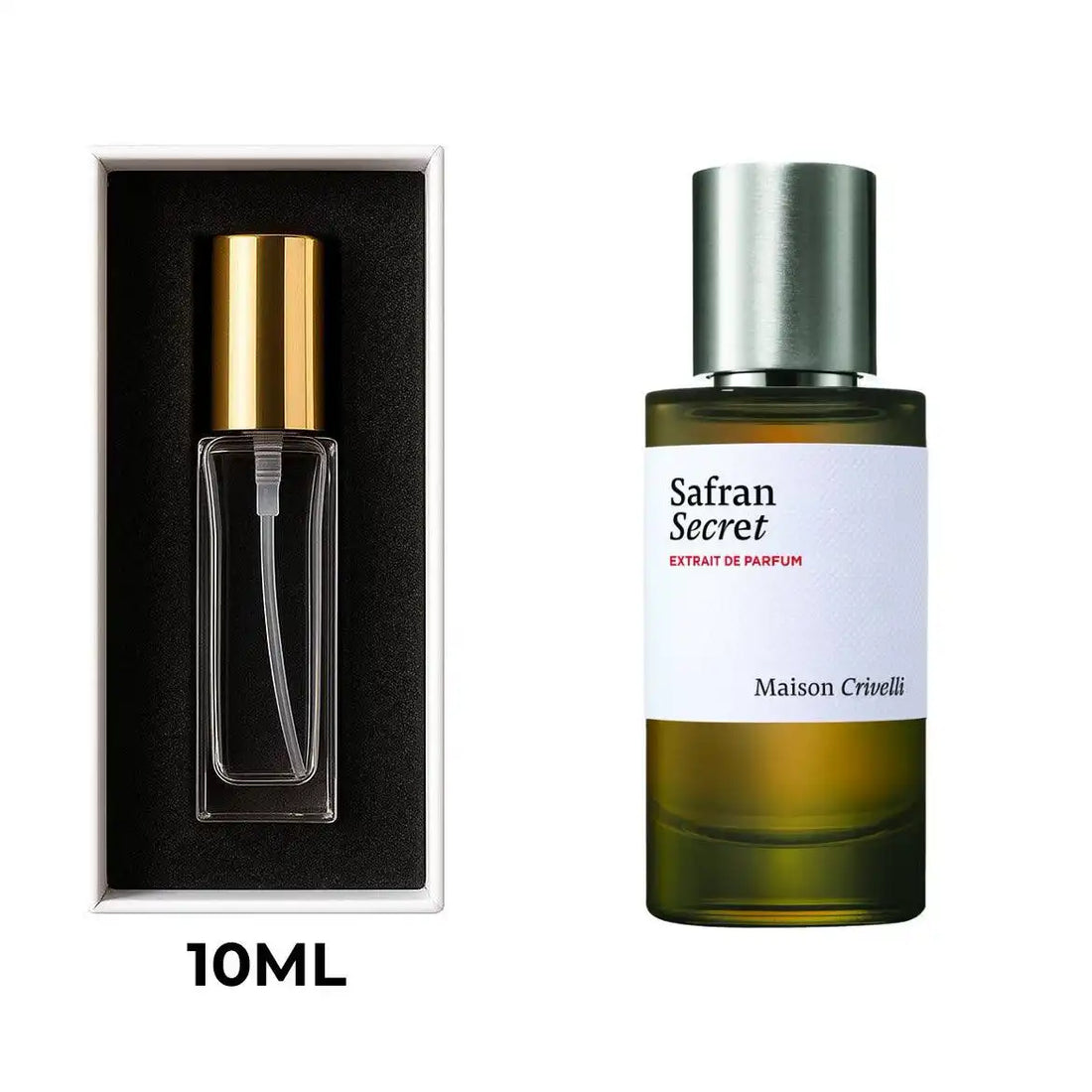 בושם Safran Secret Maison Crivelli יוניסקס 50 מ״ל Extrait de Parfum | דיקנט 10 מ״ל ו- 5 מ״ל | ניחוח מתובל-עצי עם זעפרן ותווים עציים בהירים