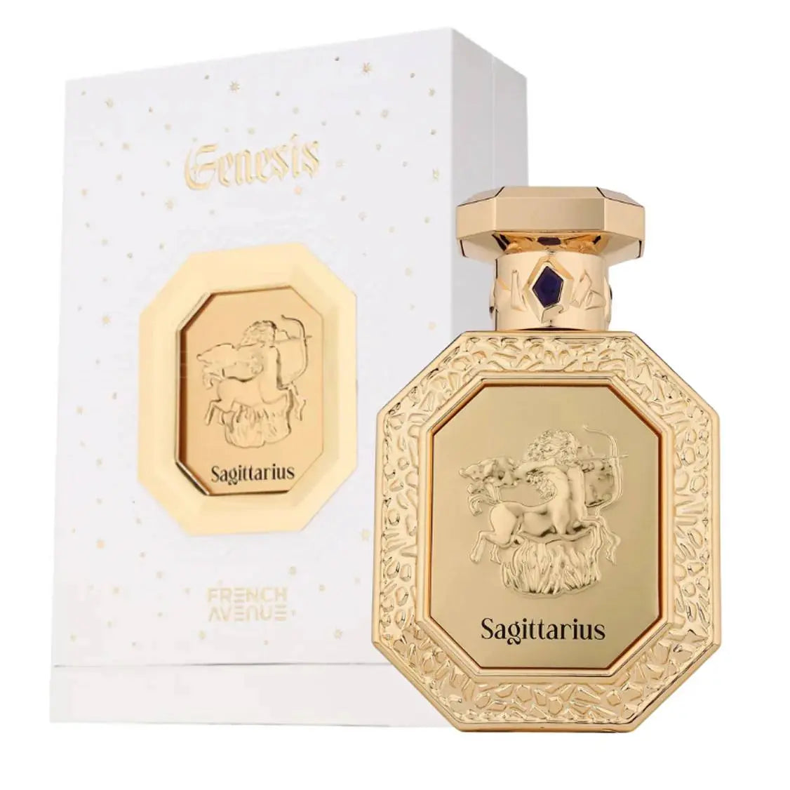 בקבוק ואריזת בושם Sagittarius French Avenue יוניסקס 90 מ"ל, הסט המלא לחוויית רכישה מושלמת.
