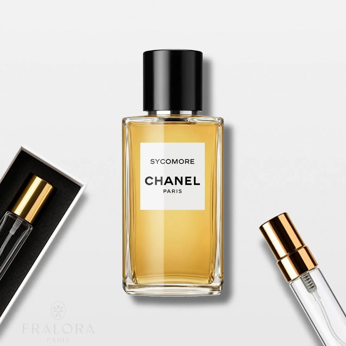 בושם Sycomore מבית Les Exclusifs de Chanel, ניחוח יוקרתי המבוסס על ווטיבר, בקבוק אלגנטי.